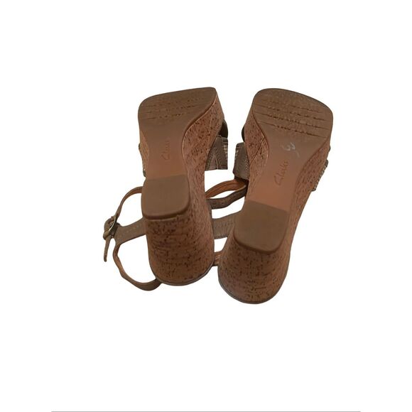 Clarks Womens Tan Olive Green Leather Elleri Plub Wedge Sandal Size 7.5 - Picture 5 of 12